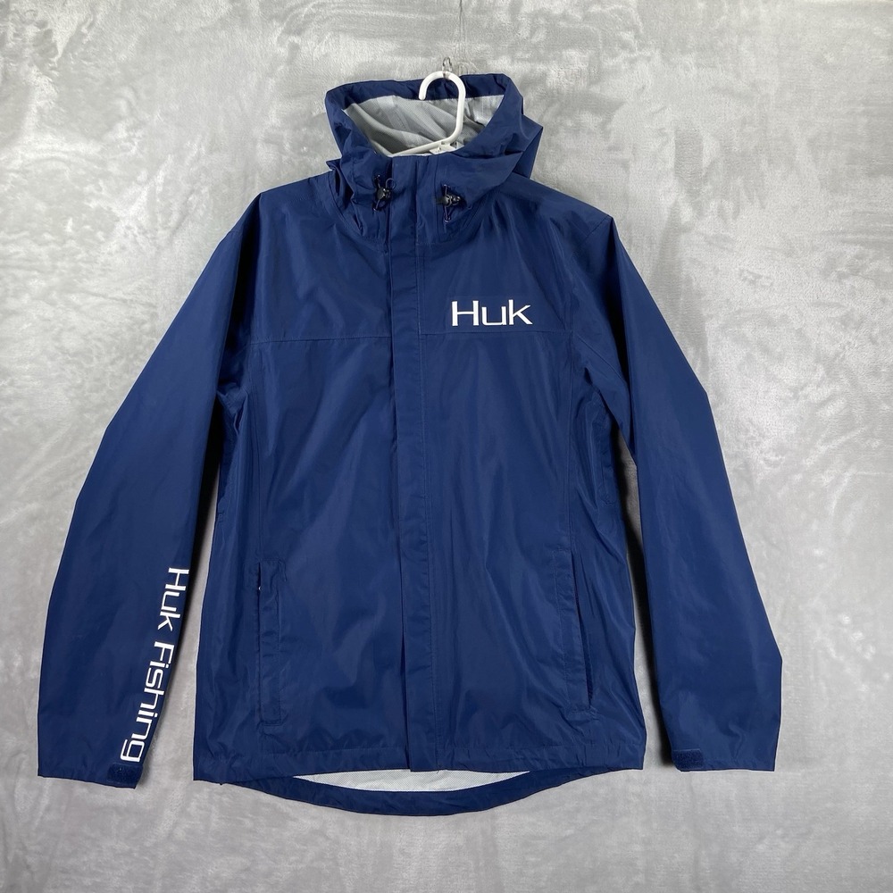 HUK Fishing Rain Jacket Mens Small Full Zip Hooded Shell Outdoor Waterproof Blue